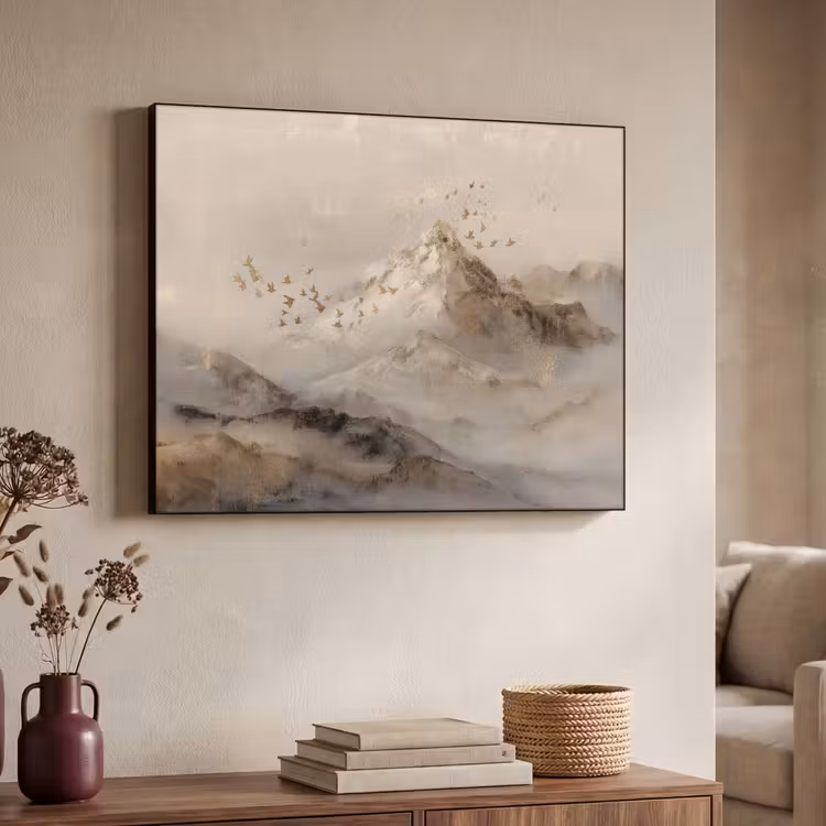 Berglandschap - Mist  - Penseelstreken Textielframe zwart klein -sfeer3