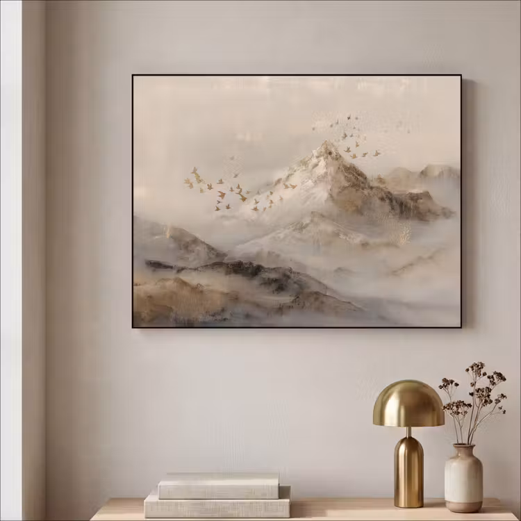 Berglandschap - Mist  - Penseelstreken Textielframe - compleet frame klein -sfeer2