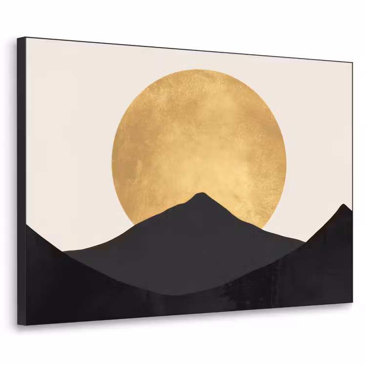 Bergsilhouetten - Gouden cirkel - Beige Textielframe zwart klein -3d