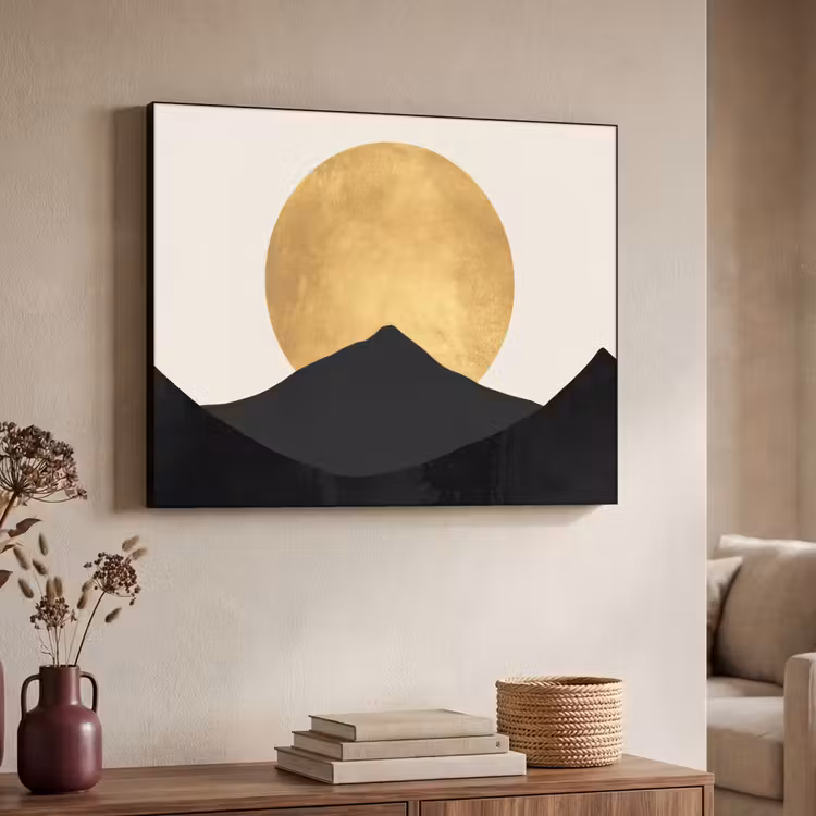 Bergsilhouetten - Gouden cirkel - Beige Textielframe zwart klein -sfeer3