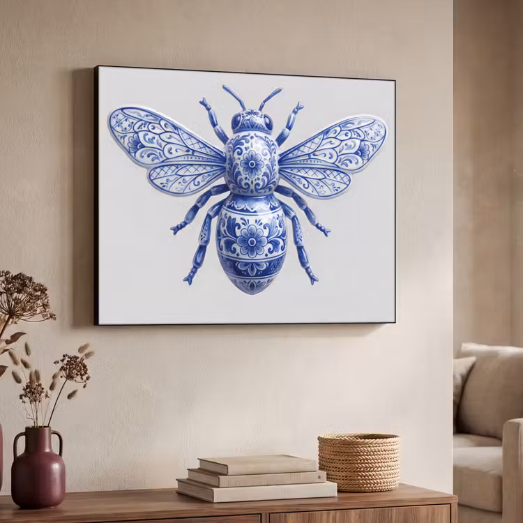 Art Frame - Biene - Modern - Delft - Blau - Bij - Modern - Delfts - Blauw Textielframe zwart klein