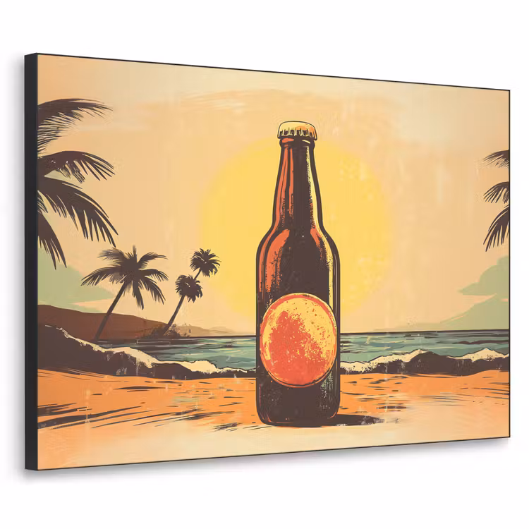 Bierfles - Zonsondergang - Palmbomen - Zee Textielframe zwart klein -3d