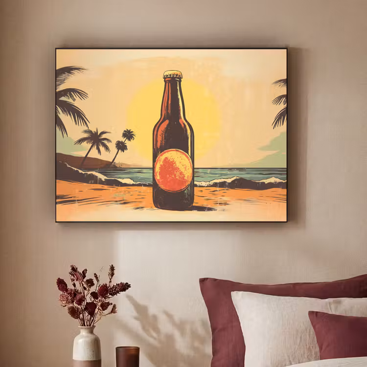 Bierfles - Zonsondergang - Palmbomen - Zee Textielframe - compleet frame klein -sfeer1