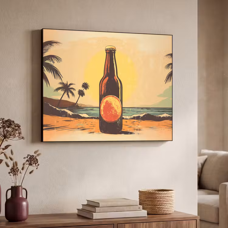 Bierfles - Zonsondergang - Palmbomen - Zee Textielframe zwart klein -sfeer3