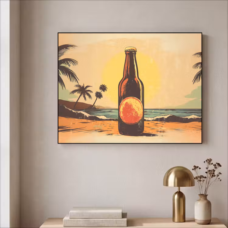 Bierfles - Zonsondergang - Palmbomen - Zee Textielframe zwart klein -sfeer2