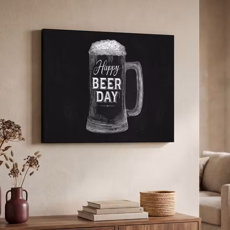 Bierpul - Witte krijtletters - Happy beer day Textielframe zwart klein -sfeer3
