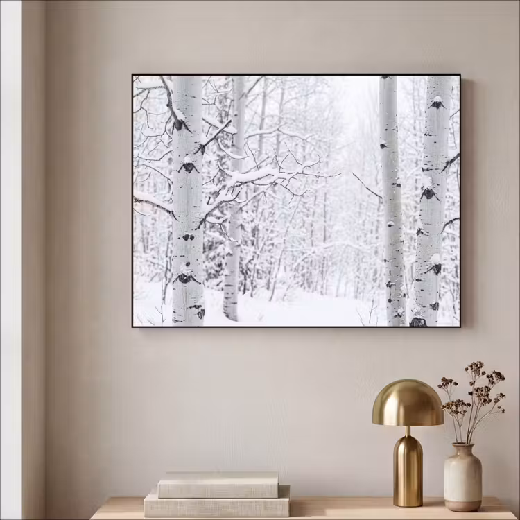 Berkenbomen - Sneeuw - Winter - Bos - Wit Textielframe zwart klein -sfeer2