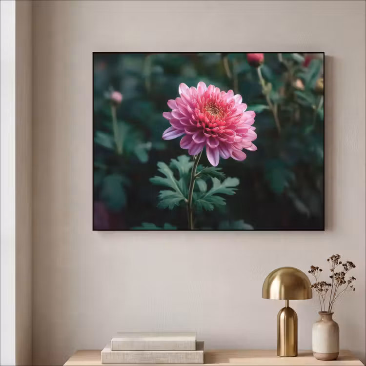 Blad - Chrysant - Roze - Schaduw Textielframe zwart klein -sfeer2