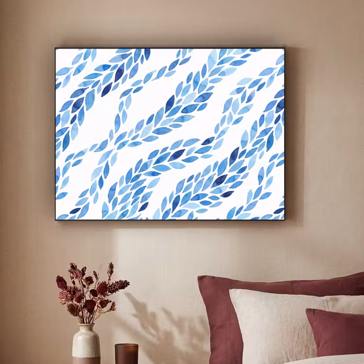 Bladeren - Aquarel - Patroon - Modern - Blauw Textielframe zwart klein -sfeer1