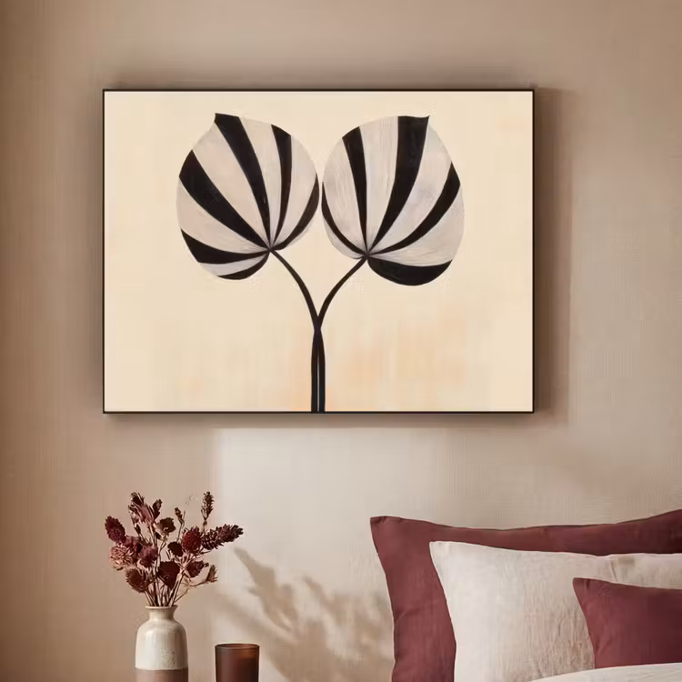 Bladeren - Gestreept - Stengel - Beige Textielframe zwart klein -sfeer1