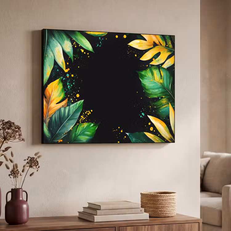Bladeren - Groen - Geel - Verf - Jungle Textielframe zwart klein -sfeer3