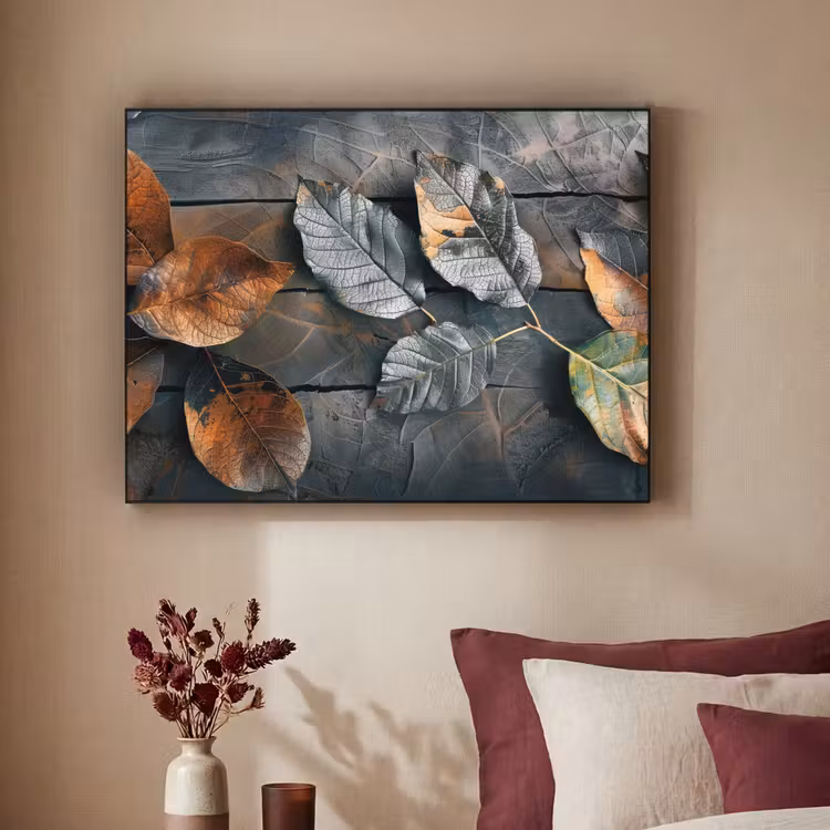 Bladeren - Herfst - Grijs - Natuur Textielframe zwart klein -sfeer1