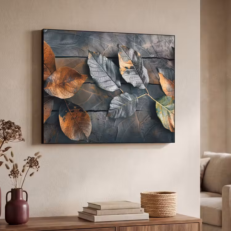 Bladeren - Herfst - Grijs - Natuur Textielframe zwart klein -sfeer3