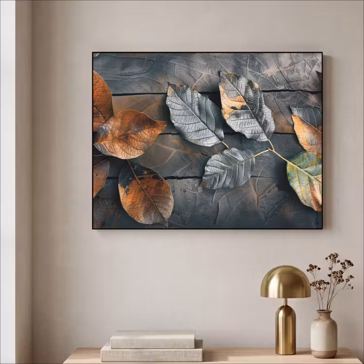 Bladeren - Herfst - Grijs - Natuur Textielframe zwart klein -sfeer2