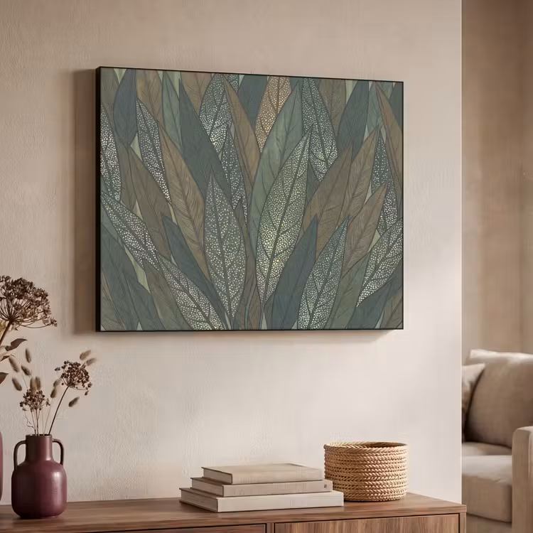 Bladeren - Patroon - Gestippeld - Natuur - Groen Textielframe zwart klein -sfeer3