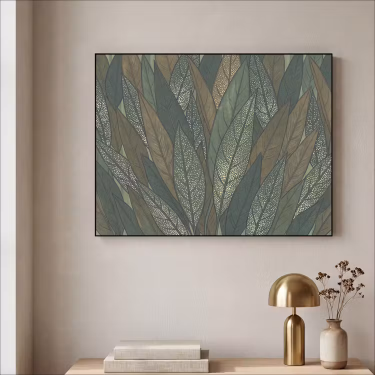 Bladeren - Patroon - Gestippeld - Natuur - Groen Textielframe zwart klein -sfeer2