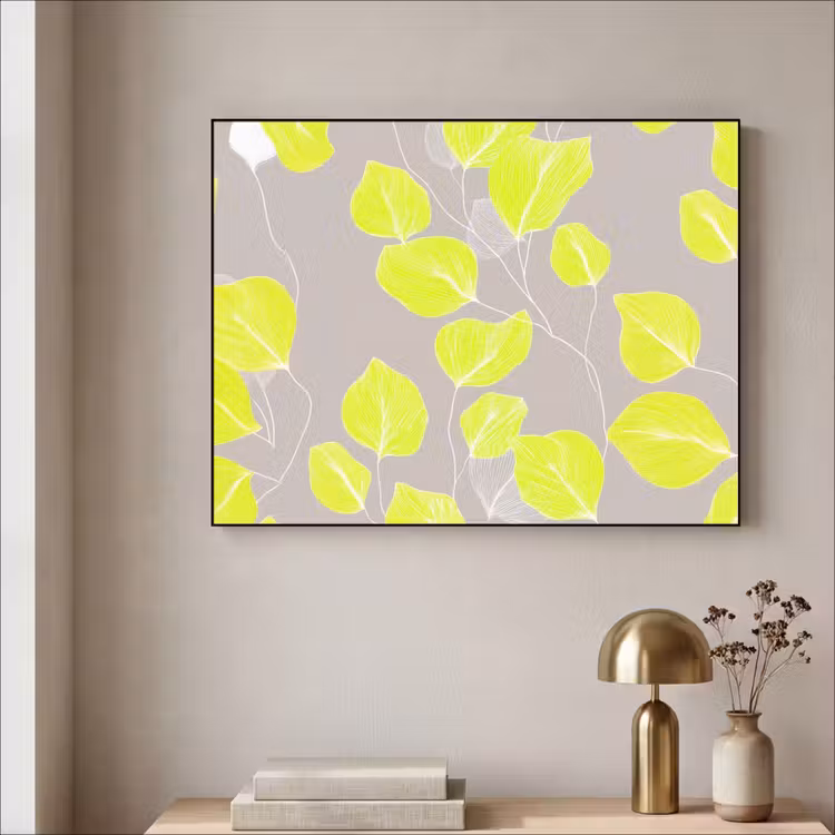 Bladeren - Neon - Geel - Lijnen Textielframe - compleet frame klein -sfeer2