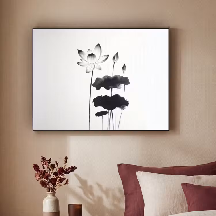 Bladeren - Zwart - Lotusbloem - Minimalitisch Textielframe zwart klein -sfeer1