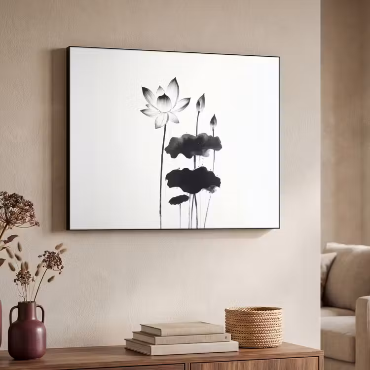 Bladeren - Zwart - Lotusbloem - Minimalitisch Textielframe zwart klein -sfeer3