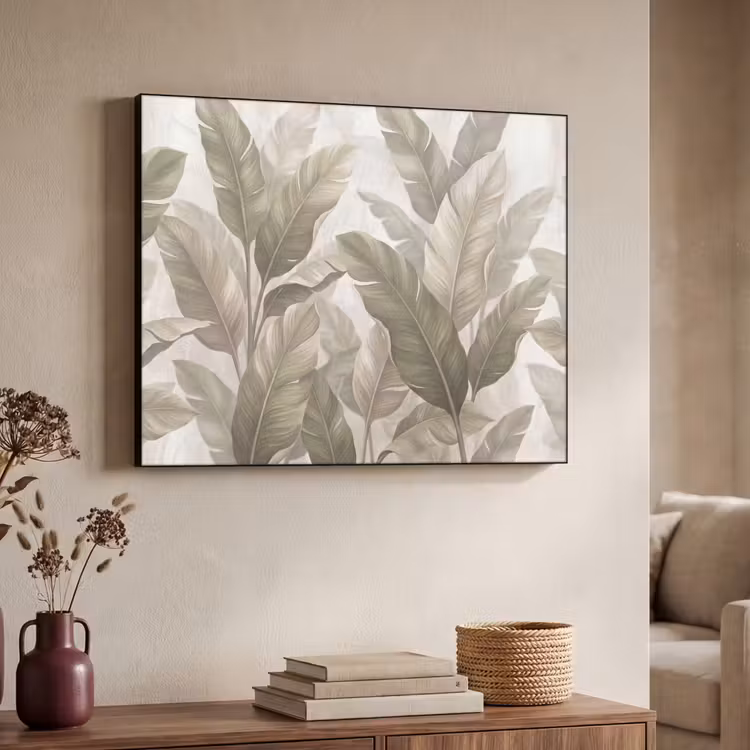 Bladeren - Tropisch - Natuur - Abstract - Beige Textielframe zwart klein -sfeer3