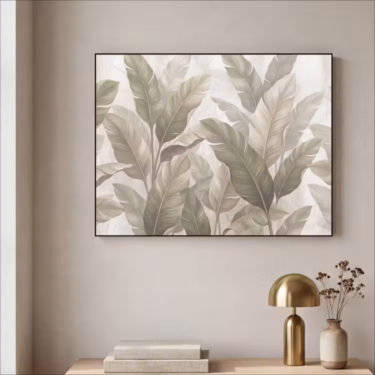 Bladeren - Tropisch - Natuur - Abstract - Beige Textielframe zwart klein -sfeer2