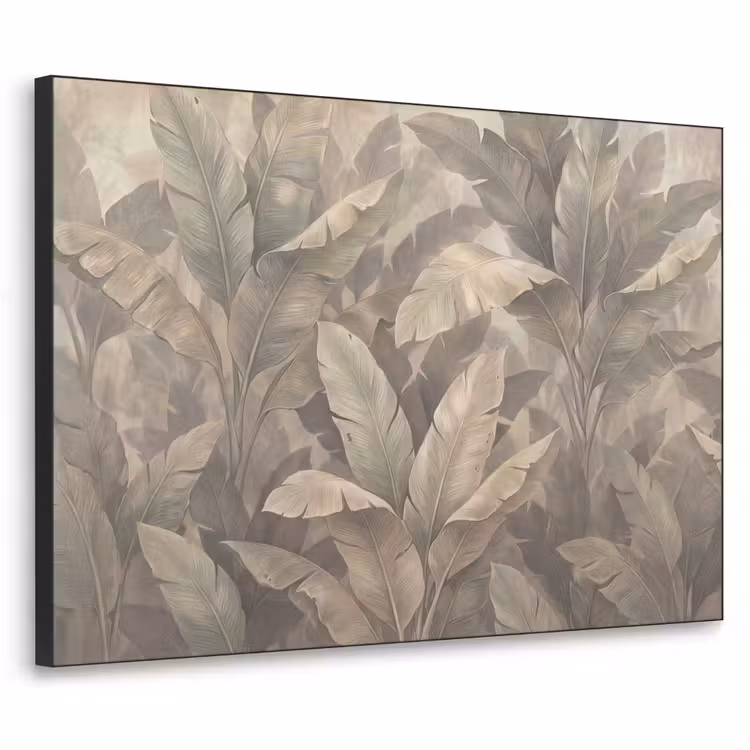 Bladeren - Tropisch - Natuur - Modern - Beige Textielframe zwart klein -3d