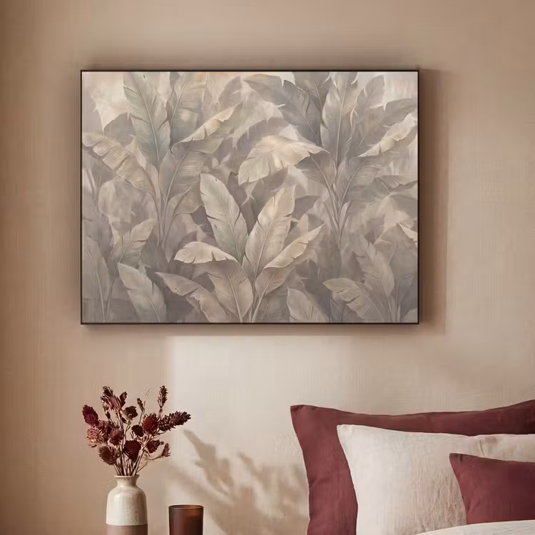 Bladeren - Tropisch - Natuur - Modern - Beige Textielframe zwart klein -sfeer1