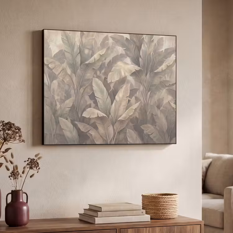 Bladeren - Tropisch - Natuur - Modern - Beige Textielframe zwart klein -sfeer3