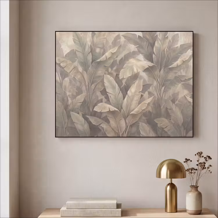 Bladeren - Tropisch - Natuur - Modern - Beige Textielframe zwart klein -sfeer2