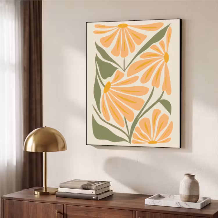 Blaadjes - Zachtoranje - Bloemen Textielframe zwart klein -sfeer3