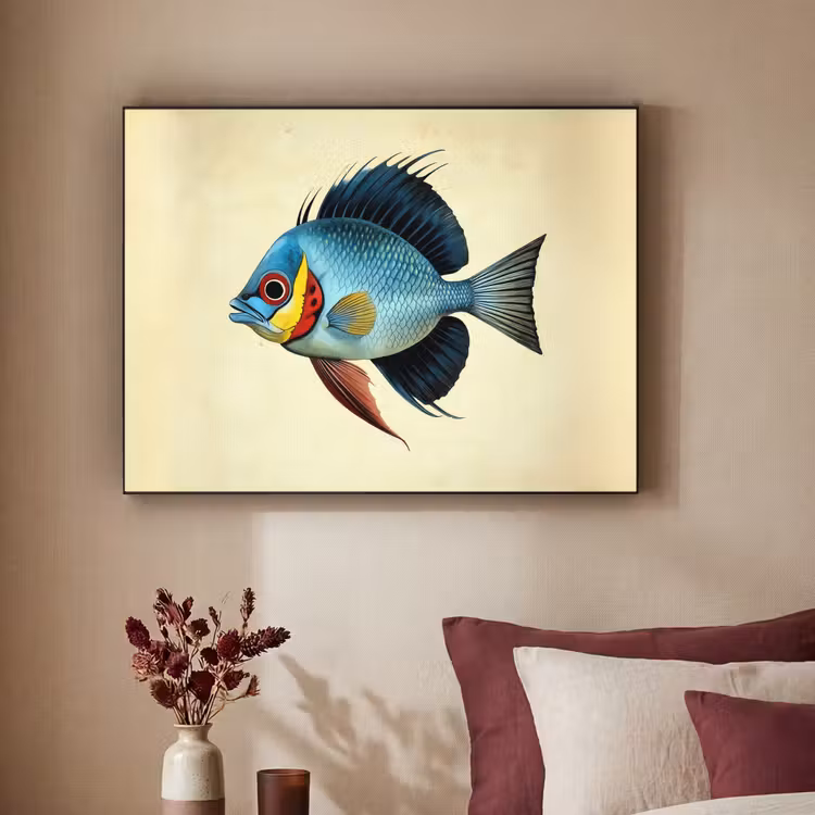 Blauw - Kieuwen - Vis - Illustratie Textielframe - compleet frame klein -sfeer1