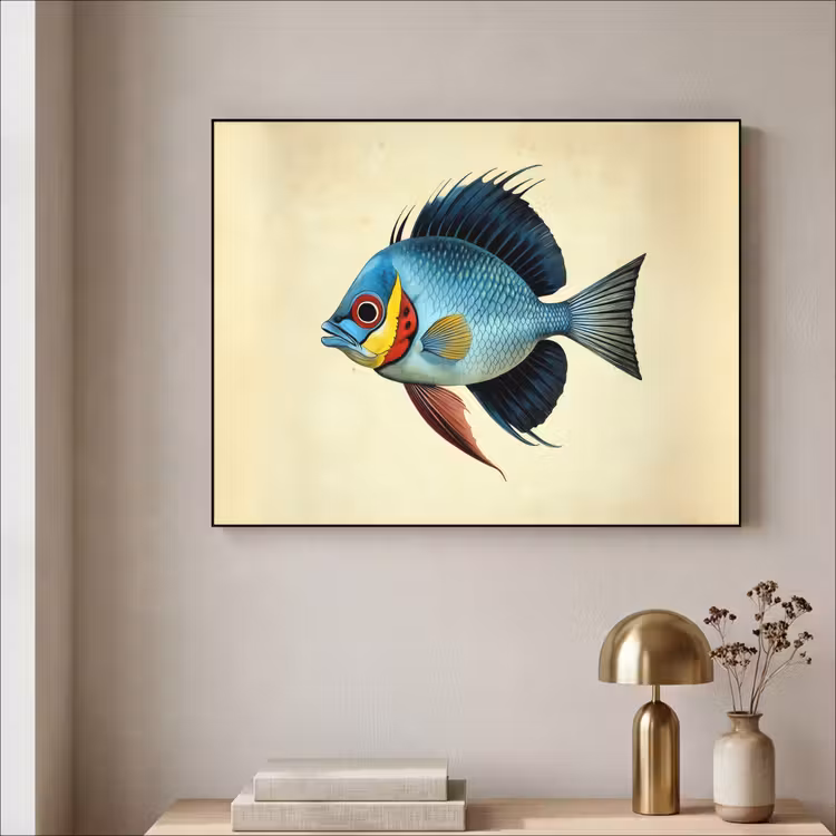 Blauw - Kieuwen - Vis - Illustratie Textielframe - compleet frame klein -sfeer2