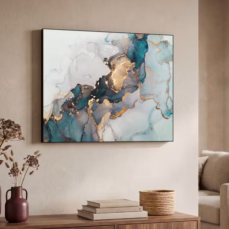 Blauw - Marmer - Goud Textielframe zwart klein -sfeer3