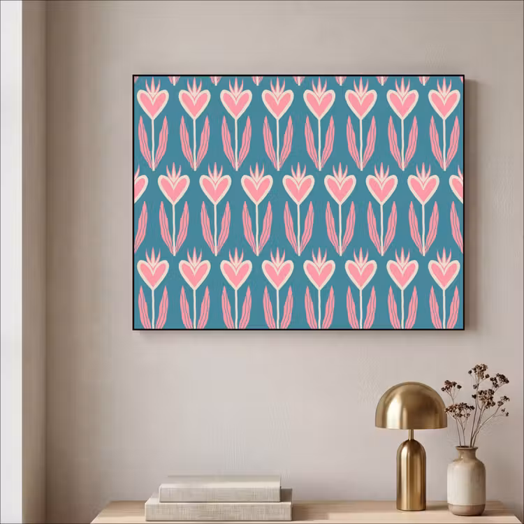 Blauw - Retro - Patroon - Hartjes Textielframe zwart klein 947 -sfeer2