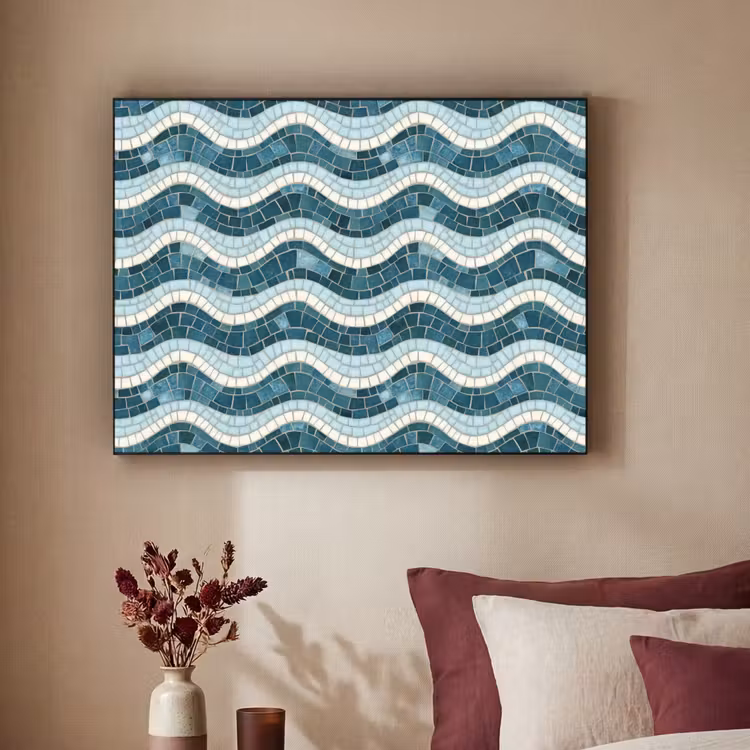 Blauw - Wit - Mozaïek - Golvend Textielframe zwart klein 947 -sfeer1