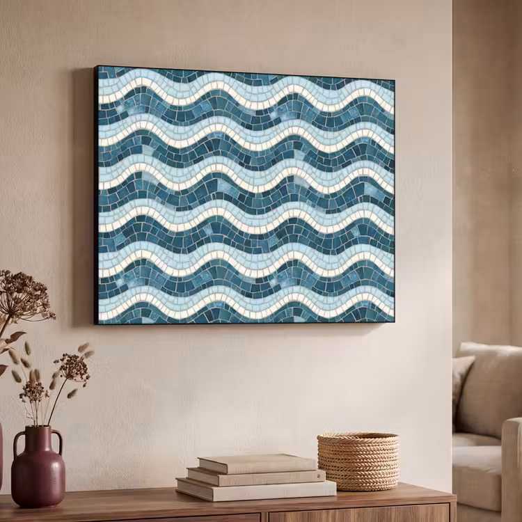 Blauw - Wit - Mozaïek - Golvend Textielframe zwart klein 947 -sfeer3
