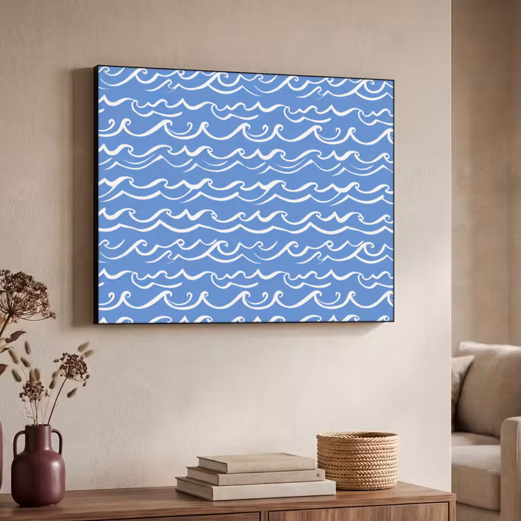 Blauw - Wit - Simpel - Getekend - Golven Textielframe zwart klein 947 -sfeer3