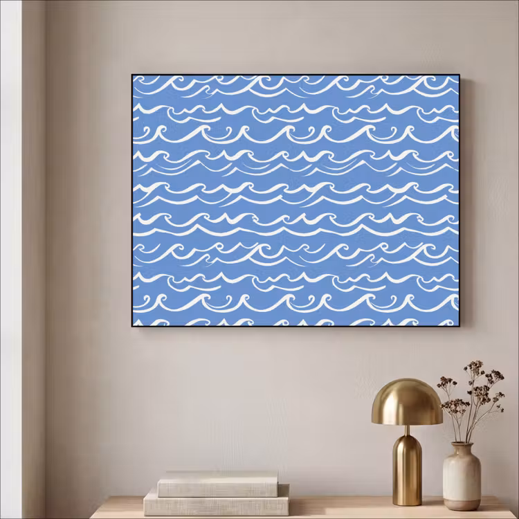 Blauw - Wit - Simpel - Getekend - Golven Textielframe zwart klein 947 -sfeer2