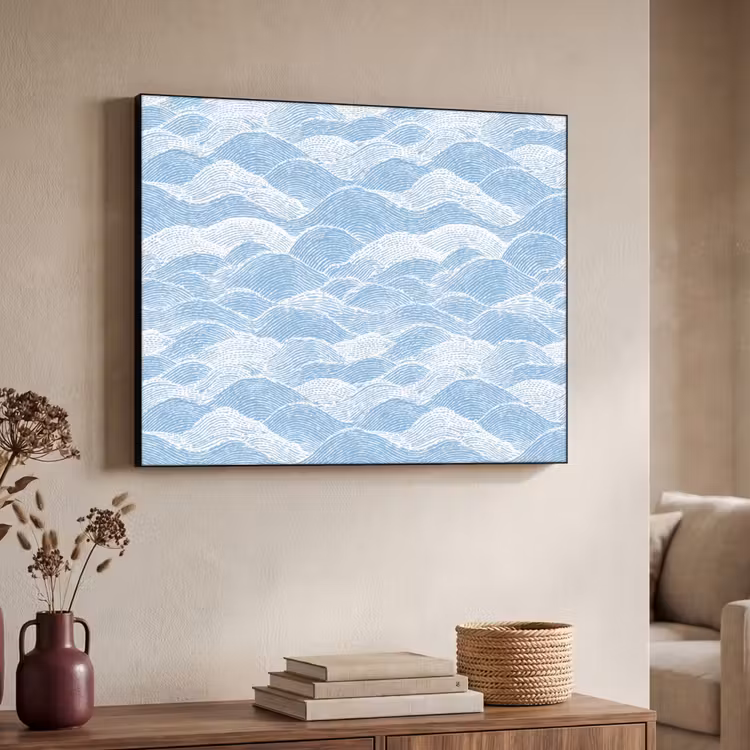 Blauw - Wit - Golven - Getekend Textielframe zwart klein 947 -sfeer3