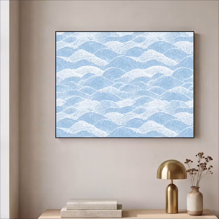 Blauw - Wit - Golven - Getekend Textielframe zwart klein 947 -sfeer2