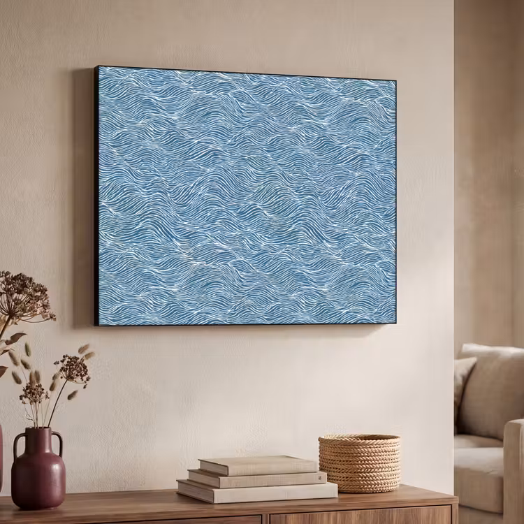 Blauw - Wit - Golven - Getekend - Textuur Textielframe zwart klein 947 -sfeer3