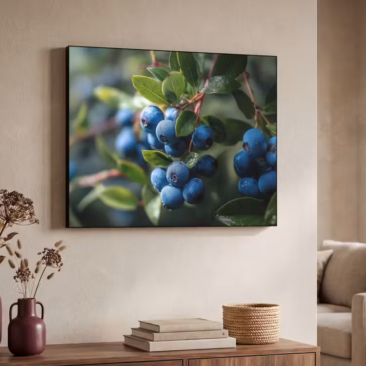 Blauwe bessen - Dauwdruppels - Natuurlijk licht Textielframe zwart klein -sfeer3