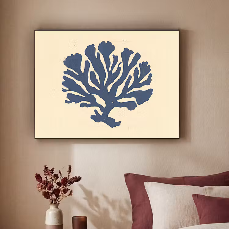 Blauw koraal - Vertakkingen - Beige Textielframe - compleet frame klein -sfeer1