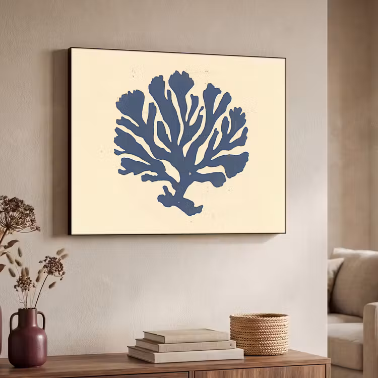 Blauw koraal - Vertakkingen - Beige Textielframe zwart klein -sfeer3
