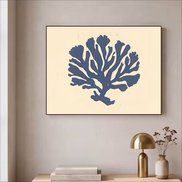 Blauw koraal - Vertakkingen - Beige Textielframe - compleet frame klein -sfeer2
