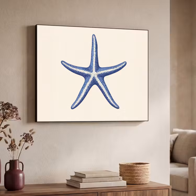 Blauwe zeester - Minimalistisch - Beige Textielframe zwart klein -sfeer3