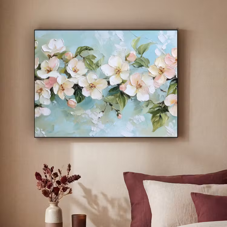 Bloesem - Bladeren - Lichtblauw Textielframe - compleet frame klein -sfeer1