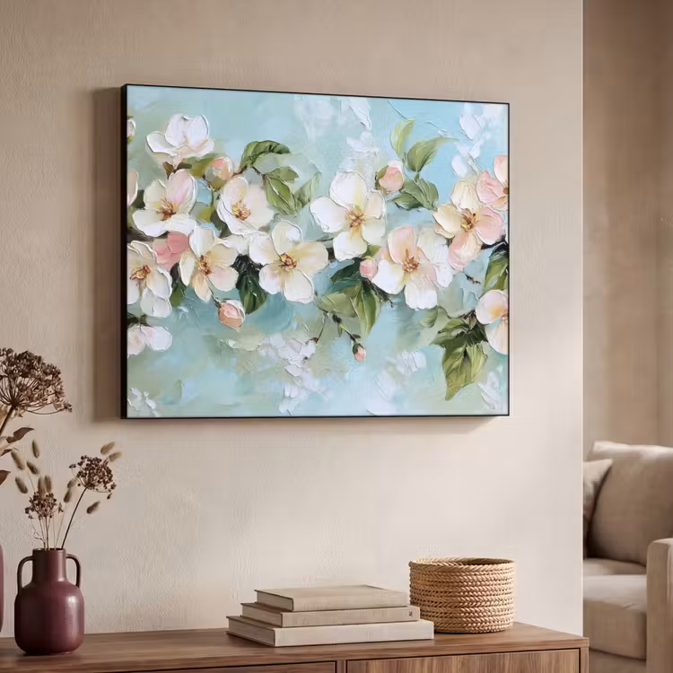 Bloesem - Bladeren - Lichtblauw Textielframe - compleet frame klein -sfeer3