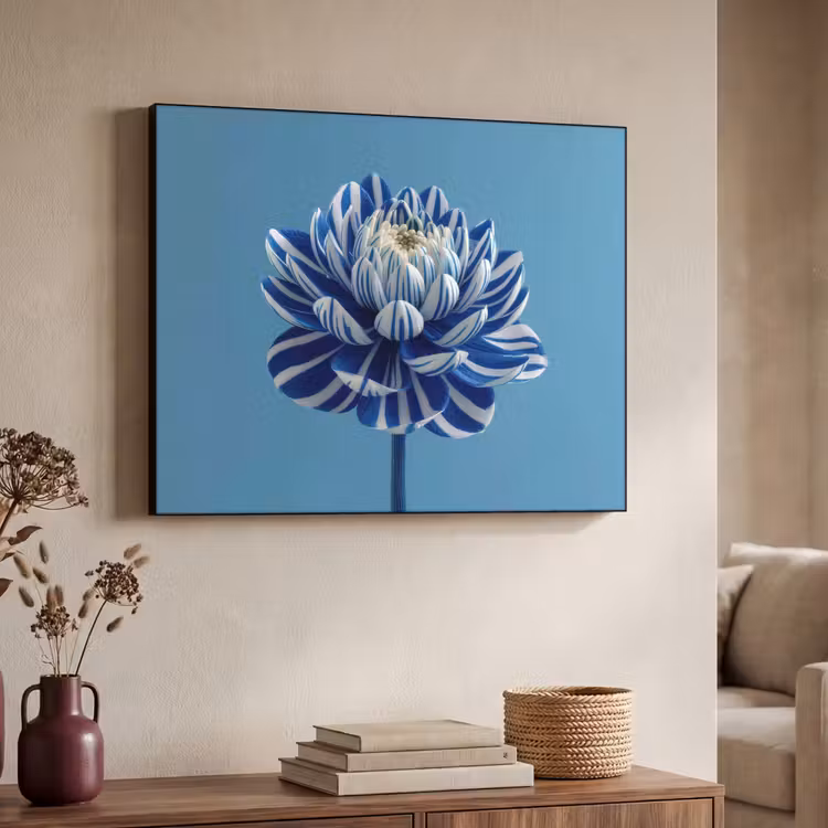 Bloem - Blauw - Bloemblaadjes - Streepjes Textielframe - compleet frame klein -sfeer3