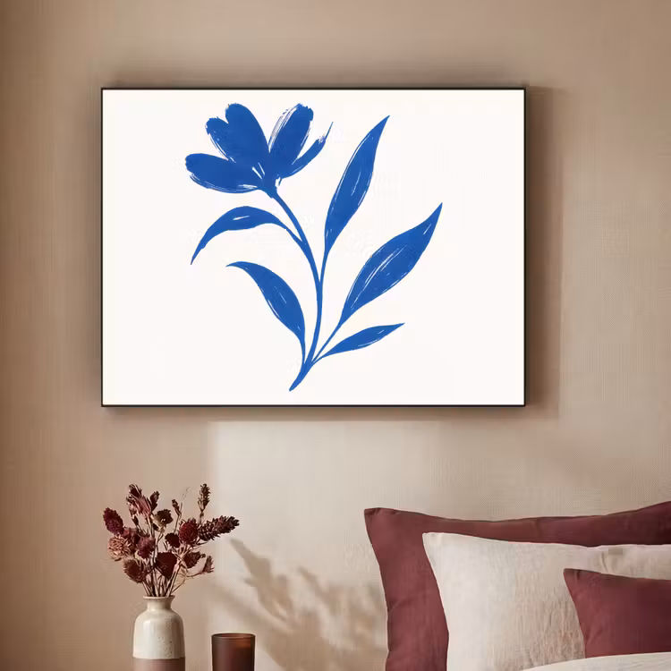Bloem - Blaadjes - Minimalistisch - Blauw Textielframe - compleet frame klein -sfeer1